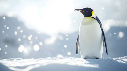 Obraz premium Emperor penguin standing majestic in bright Arctic landscape, pristine snow-covered ground, soft diffused sunlight, crystal clear air, light snowfall, pale blue sky.