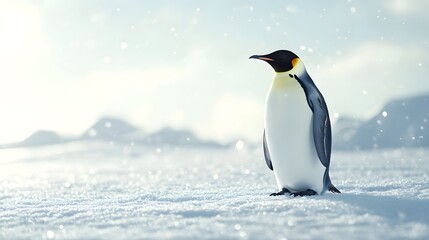 Naklejka premium Emperor penguin standing majestic in bright Arctic landscape, pristine snow-covered ground, soft diffused sunlight, crystal clear air, light snowfall, pale blue sky.