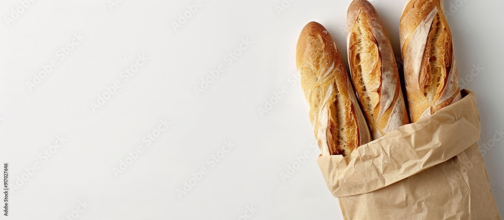 Poster close up of a french baguette in a paper bag on a white background with copy space image