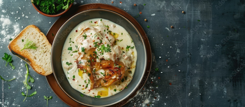 Poster delicious dish of cooked rabbit foot in white sauce served on toast with copy space image