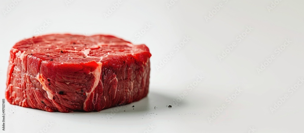 Poster a piece of raw beef with copy space image on a white background