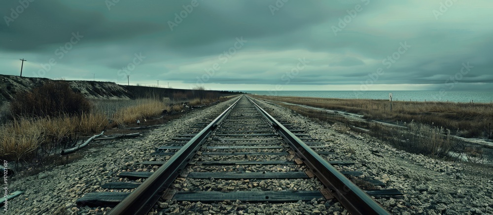 Poster railroad tracks blending into the horizon with copy space image
