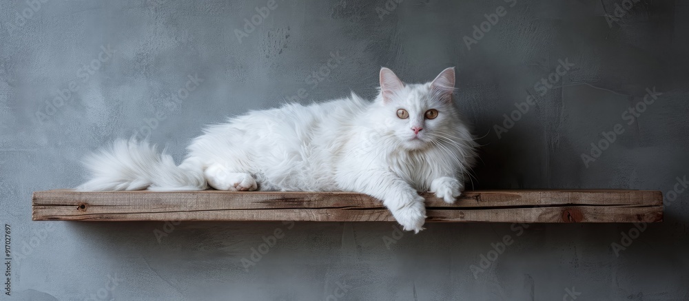 Poster Cat with white fur lounging on a wooden shelf in a home setting with copy space image available