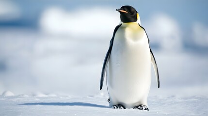 Naklejka premium Emperor penguin standing majestic in bright Arctic landscape, pristine snow-covered ground, soft diffused sunlight, crystal clear air, light snowfall, pale blue sky.