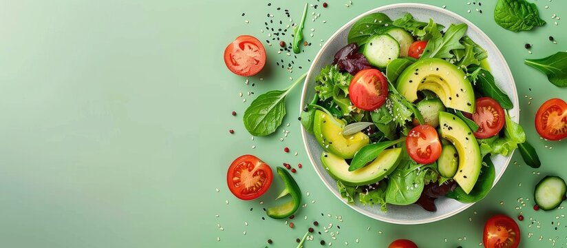 Healthy vegetarian lunch of green salad with avocado tomatoes and a vibrant copy space image