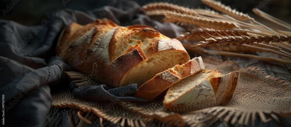 Aufkleber Slices of baguette rest on a dark jute napkin near some wheat spikelets creating a rustic vibe in the image. . image with copy space