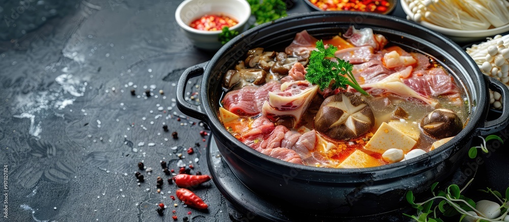 Poster Hot pot with scrumptious bone and stew meat stock soup ideal for food lovers with a captivating copy space image