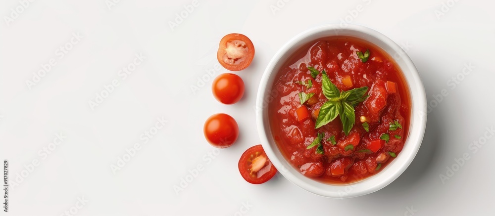 Poster bowl of delicious tomato sauce on a white background with copy space image