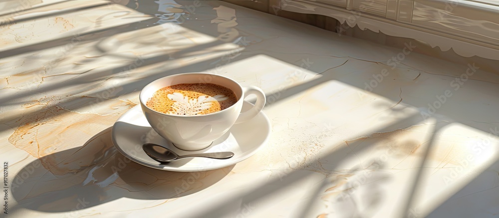 Poster A white cup of cappuccino coffee with foam is placed on a table in a cafe or restaurant next to a shiny spoon creating a charming scene with copy space image available