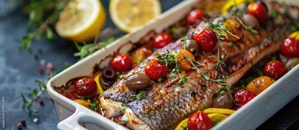Poster a festive dish featuring sturgeon in a baking dish topped with cherry tomatoes lemon olives and herb