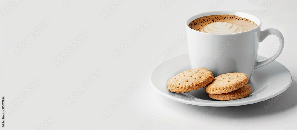 Poster Coffee cup placed on a saucer with biscuits displayed in a copy space image
