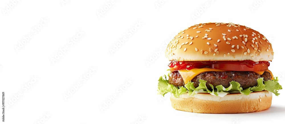 Poster Isolated in white a classic hamburger with copy space image