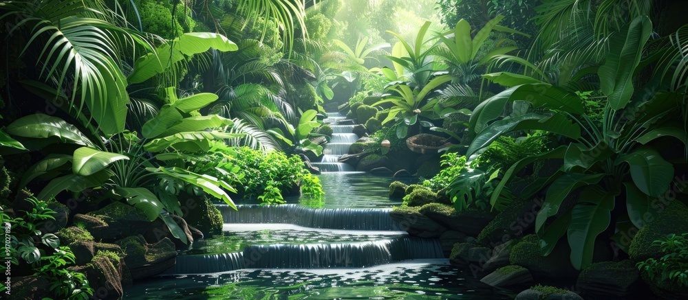 Poster Stream flowing through the dense jungle with lush greenery and wildlife surrounding it ideal for a copy space image