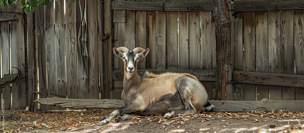 Poster A goat resting near a wooden fence at the farm creating a picturesque scene with ample copy space image