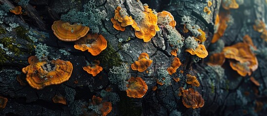 Obraz premium Lichens covering a tree trunk show the symbiotic relationship between fungus and algae acting as indicator species Add a copy space image
