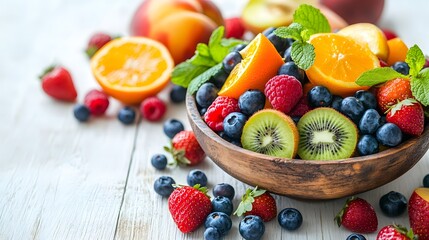 Fresh colorful fruits on white wooden table, berries and citrus, rustic bowl filled with peaches and grapes, sliced kiwi and orange, strawberries and blueberries scattered.