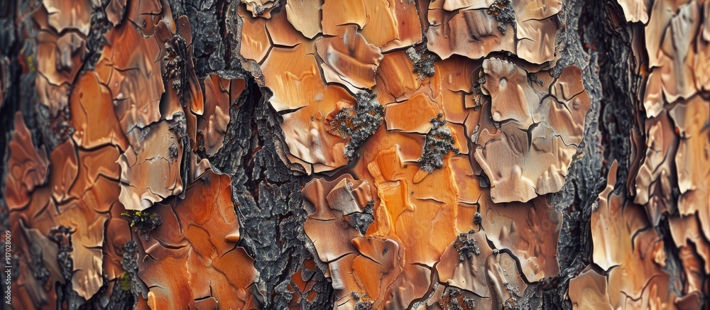 Poster Close up image showcasing a spruce pine tree s bark heavily infected with beetles illustrating the concept of forest pests devastating a diseased tree with copy space image