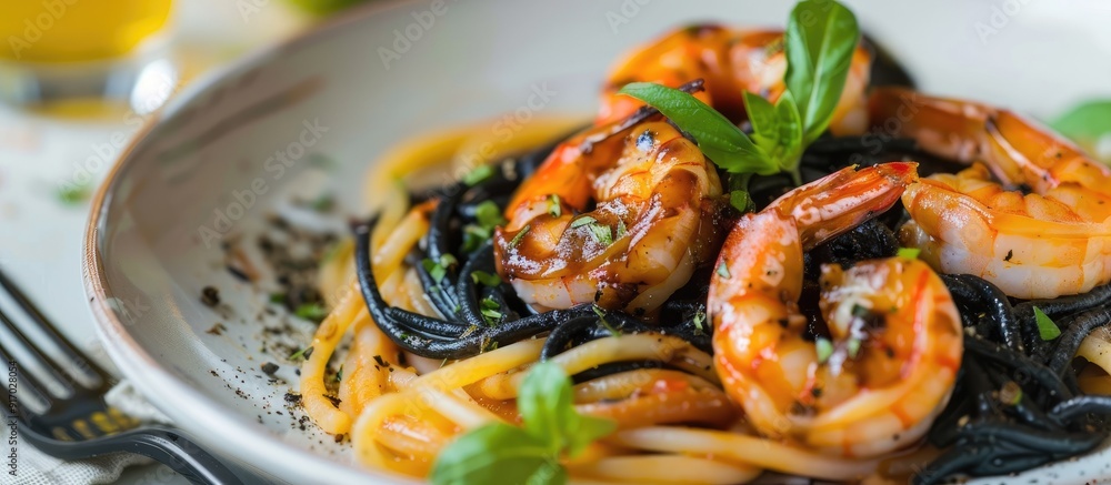 Poster Shrimp with black ink sauce served over spaghetti creating a visually appealing dish with a copy space image