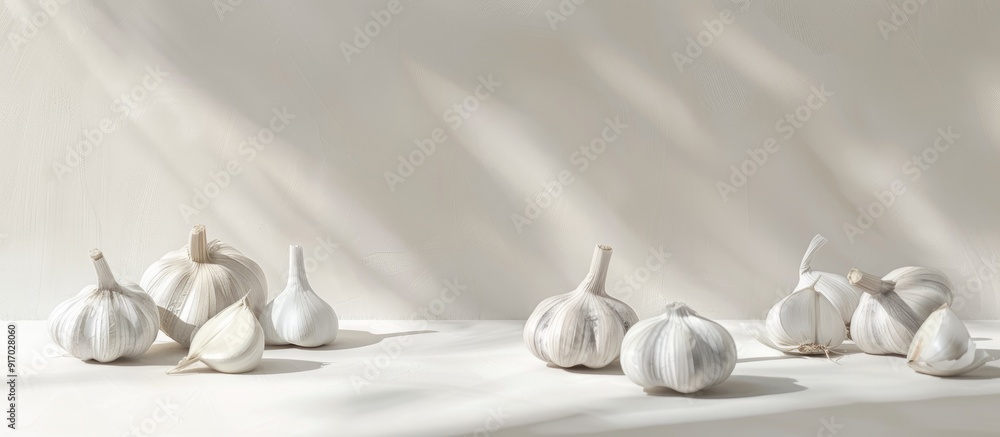 Aufkleber garlic arranged on a white backdrop with copy space image