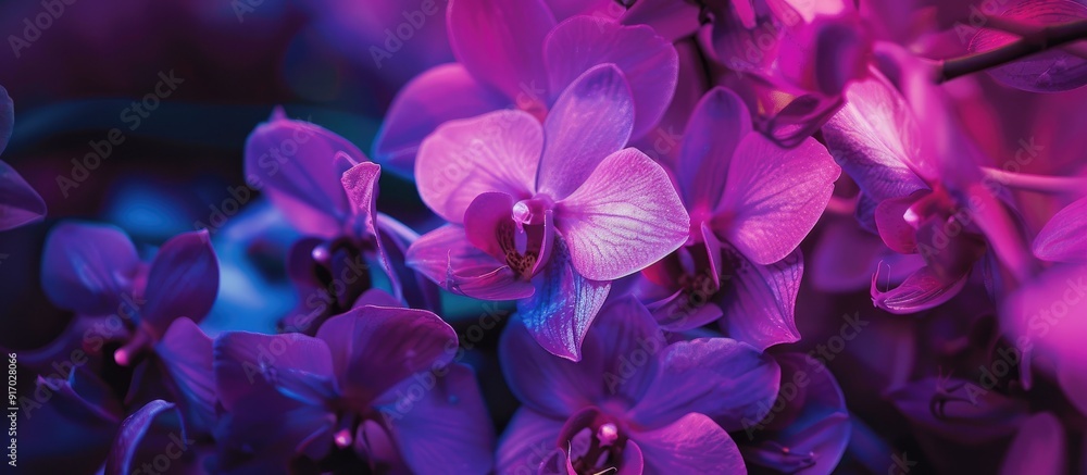 Poster In the garden there are blooming purple dendrobium orchids with a visually appealing copy space image among them