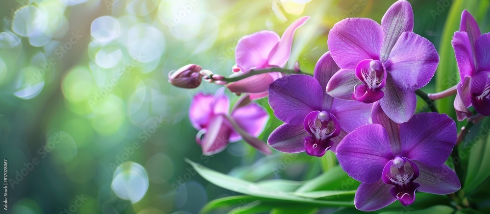 Poster in the garden there are blooming purple dendrobium orchids with a visually appealing copy space imag