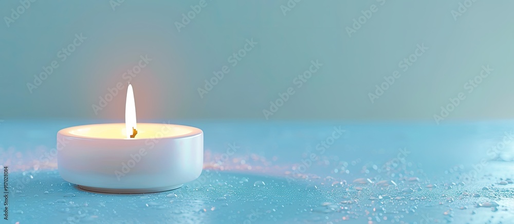 Poster close up of burning candle on blue backdrop with copy space image