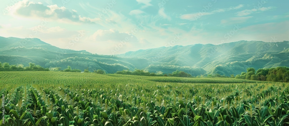 Poster A scenic landscape showcasing a corn field plantation maturing with a vast expanse of greenery filling the background ideal for a copy space image
