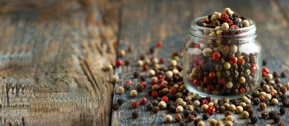 Poster peppercorns in assorted varieties displayed in a glass container on a rustic wooden surface with amp