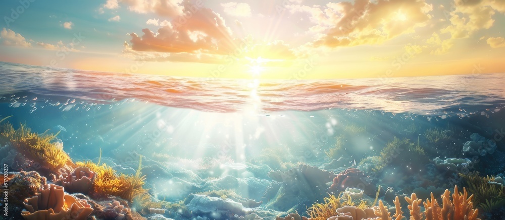 Poster a scenic copy space image captures the deep sea set against the vibrant light and sky