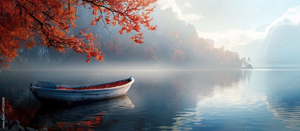 Poster a boat is moored by the tranquil lakeside with plenty of serene surroundings providing a stunning vi