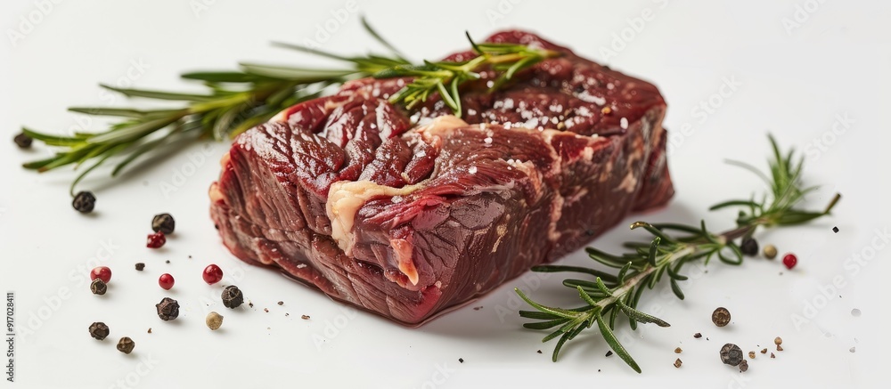 Poster beef steak garnished with rosemary and peppercorns on a white backdrop presenting a clear copy space