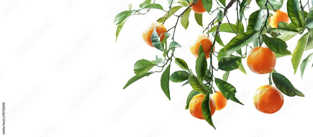 Aufkleber Orange fruit hangs on a tree branch with green leaves against a white backdrop displaying empty space for text or images. . image with copy space