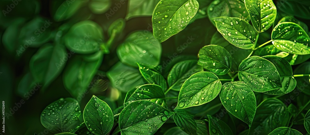 Poster large green leaves with perforations in the untouched wilderness provide a tranquil copy space image