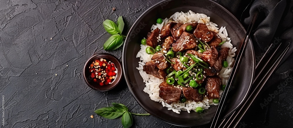 Aufkleber japanese style rice and soybean beef dish in a copy space image