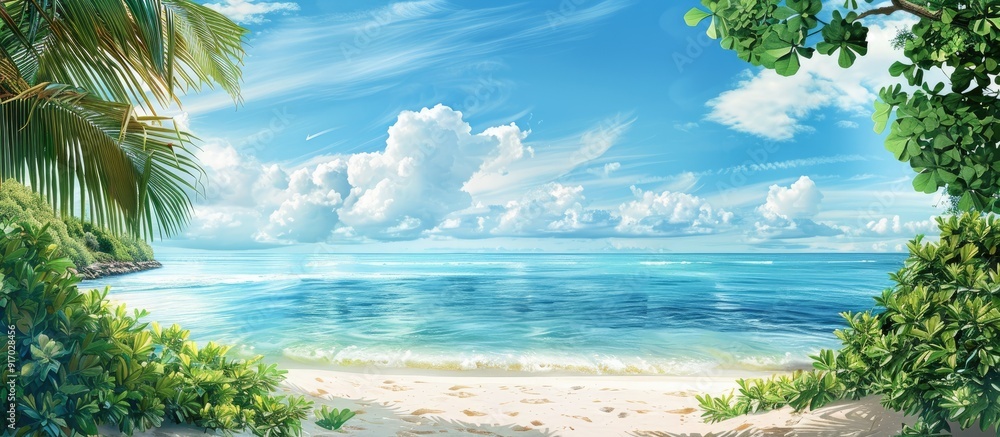 Poster tropical paradise with a serene ocean view and a vast expanse of white sand ideal for a summer holid