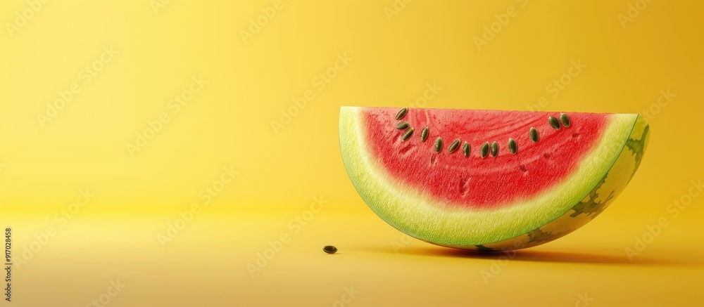 Poster A watermelon half with a humorous seed face displayed against a yellow backdrop creating a playful copy space image