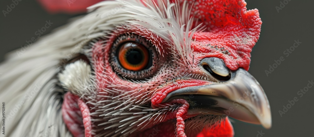 Aufkleber close up of a carijo chicken s face featuring white plumage grey markings and a vibrant red crest in