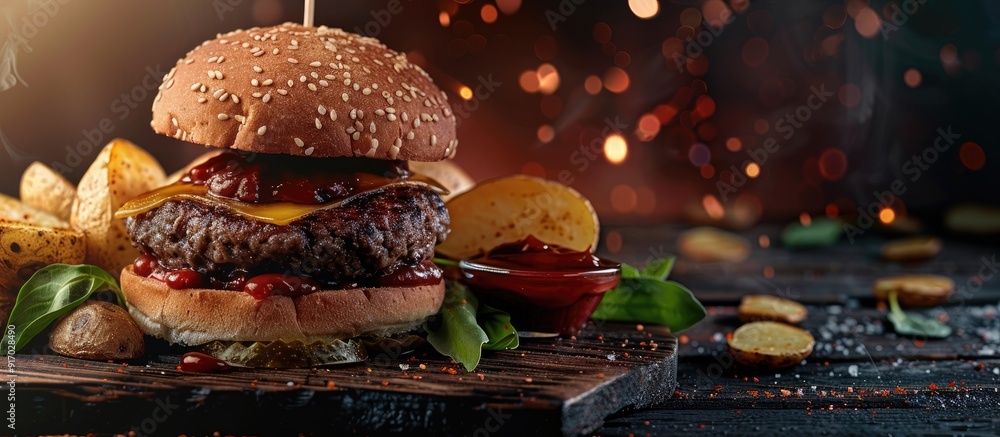 Aufkleber juicy american burger with two beef cutlets dark rustic style presentation with a side of grilled po