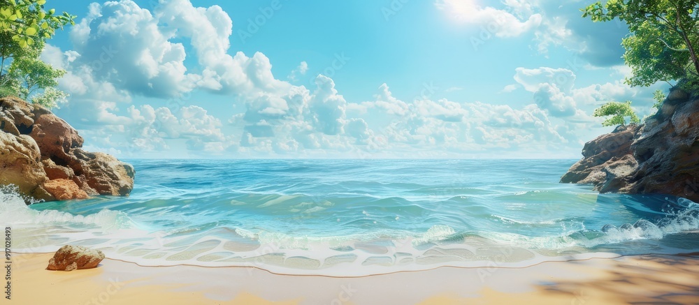Poster seascape and sandy beach with a front view in a summer themed copy space image