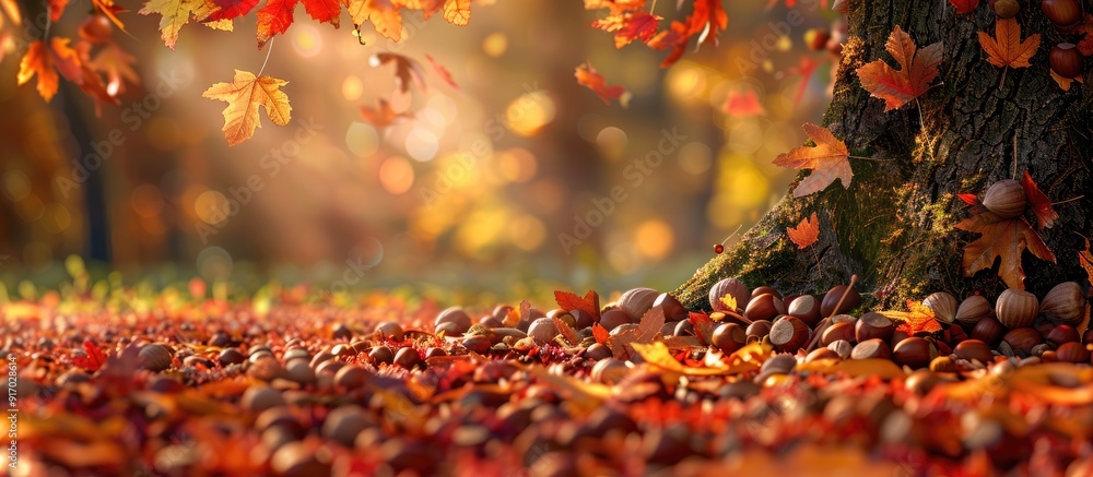 Poster Autumn leaves surround chestnuts on the ground beneath a tree creating a rustic scene with copy space image