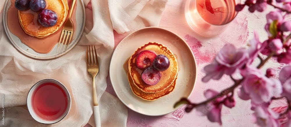Poster A table with pancakes topped with plum creating an enticing display in the copy space image