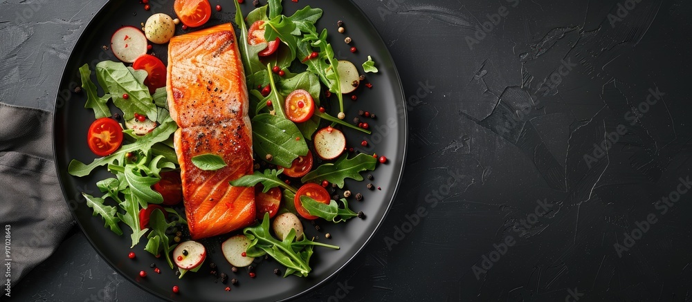 Poster a plate features a salmon steak surrounded by fresh vegetable salad leaving room for a background or