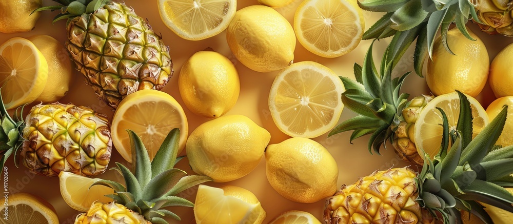 Leinwandbilder fresh pineapples and lemons creating a seamless food background with copy space image
