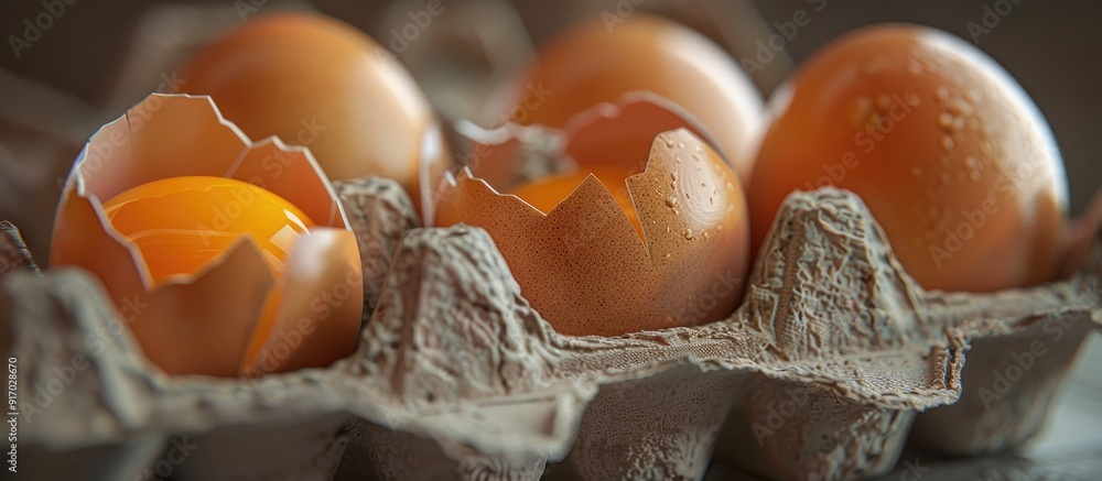 Poster damaged cracked eggs in an egg carton with minimal copy space image available
