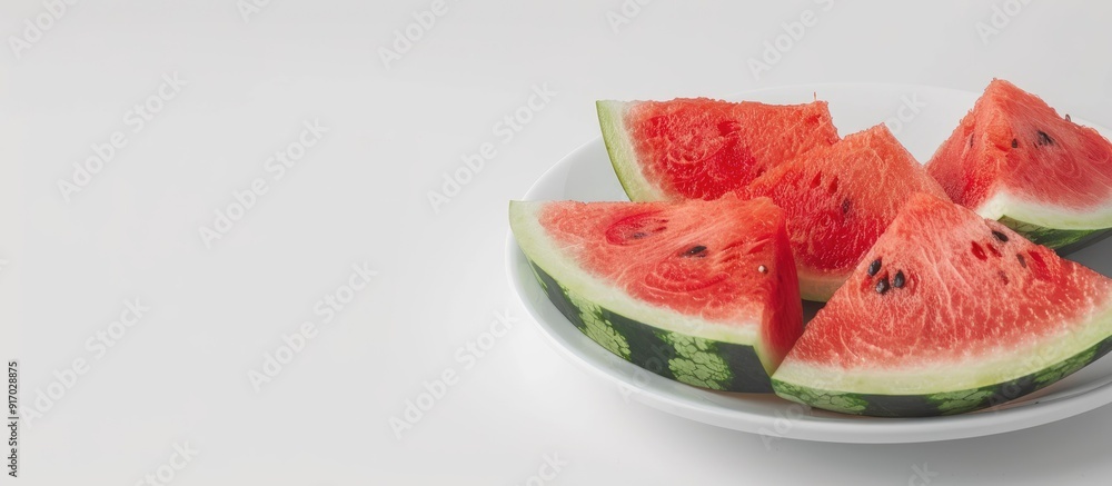Poster a plate showcasing fresh watermelon slices on a white backdrop with copy space image