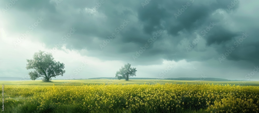 Aufkleber a serene countryside scene depicting a blooming rapeseed field under a cloudy sky hinting at an impe