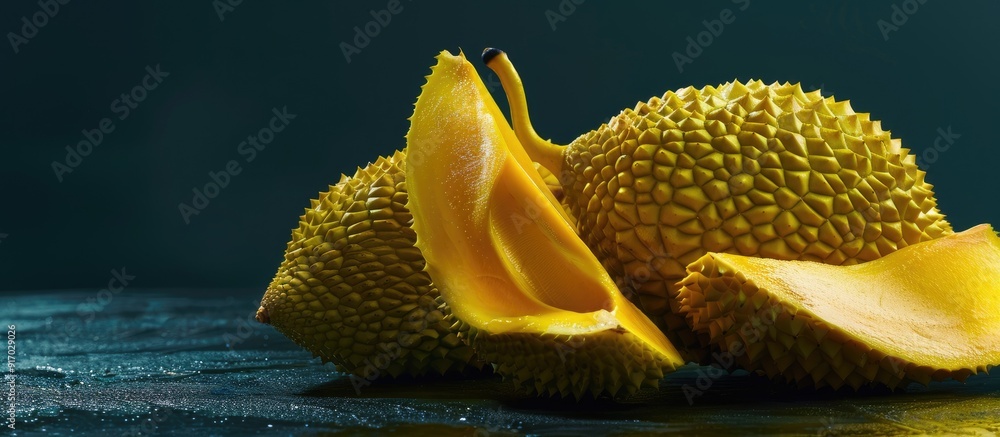 Poster sliced ripe jackfruit a tropical fruit displayed with copy space image