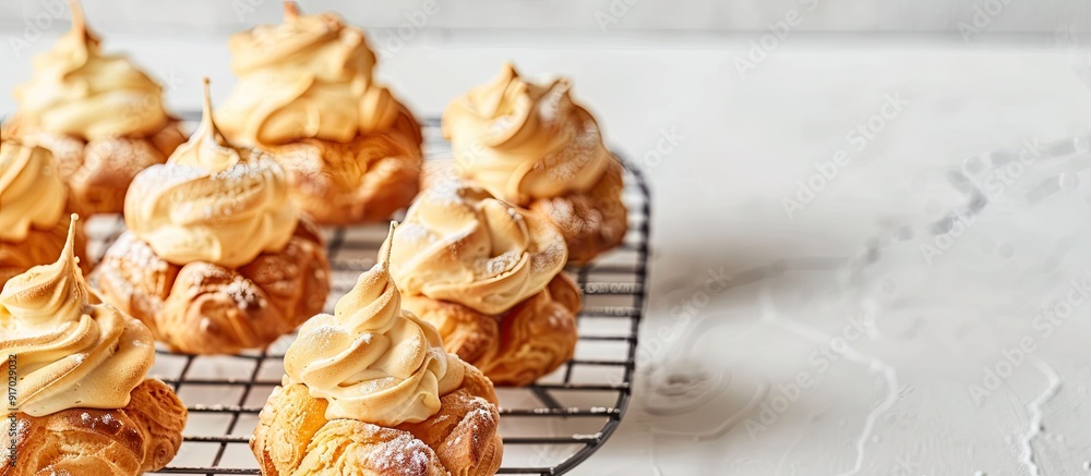 Poster Cream puffs displayed on a wire cooling rack against a white backdrop with available copy space image