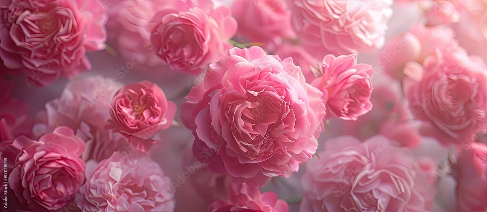 Poster close up image of pink peony roses in various sizes with copy space image
