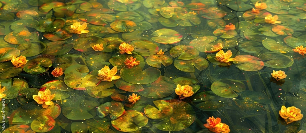 Poster artistic summer background with a field of yellow water lilies and orange flowers for a flower patte
